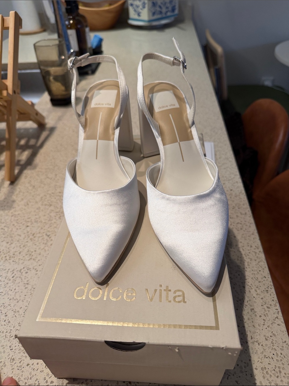 Dolce Vita White Satin Pointed Slingback Block Heels